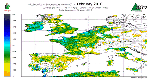 Soil moisture as derived from SMOS in February 2010, 2011 and 2012 (average values), for ascending overpasses (corresponding to measurements in the morning at ~ 6am, solar local time). Note that February 2010 was still the beginning of the mission and the commissioning phase, which explains some lack in the retrievals.