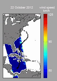 Evaluation de la vitesse des vents (km/hr) à partir des données SMOS le long du passage de l'ouragan Sandy. Crédits : Ifremer
