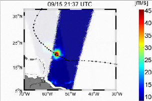  vents de surface (m/s) resultant de l'ouragan Igor dans l'Atlantique nord du 11-19 septembre 2010. La courbe noire trace l'oil de l'ouragan, fourni par NOAA International Best Track Archive for Climate Stewardship. Crédits : Ifremer-N. Reul