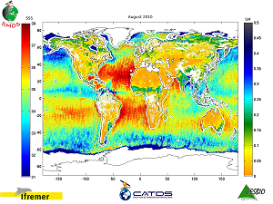 Première carte mondiale de salinité de surface des océans et d'humidité des sols, entièrement produite par les données SMOS
